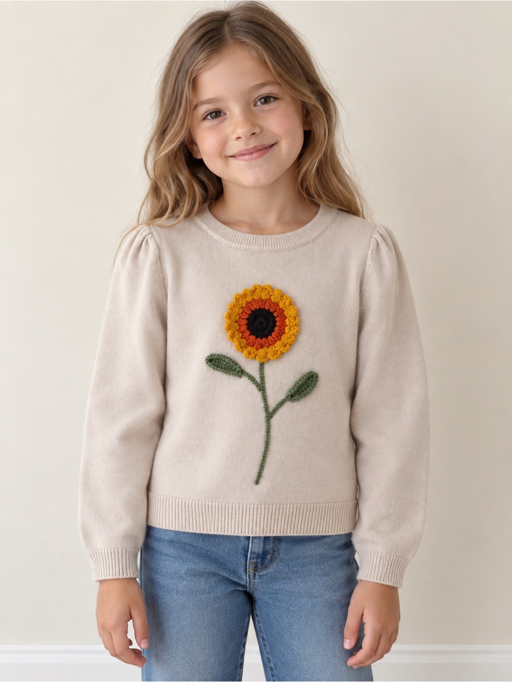 Gymboree Girls Size 6 Crochet Sunflower 100% Cotton Sweater Cream